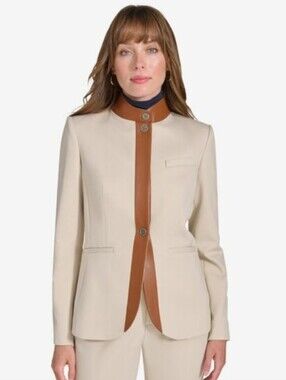 Tommy Hilfiger Contrast Stand-collar Tan & Faux Leather Trim Blazer NWOT Size 10